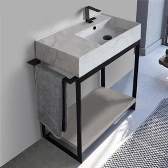 Console Bathroom Vanity Console Sink Vanity With Marble Design Ceramic Sink and Grey Oak Shelf, 35